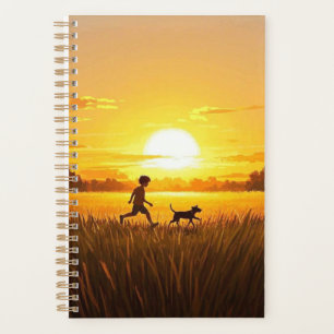 Agenda Niño corriendo con perro al atardecer