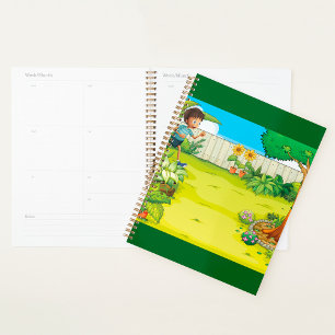Agenda Niño juguetón corriendo en un frondoso patio trase