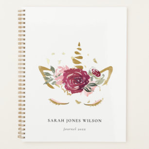 Agenda Niños de Unicornio con flores de oro de burdeos ro