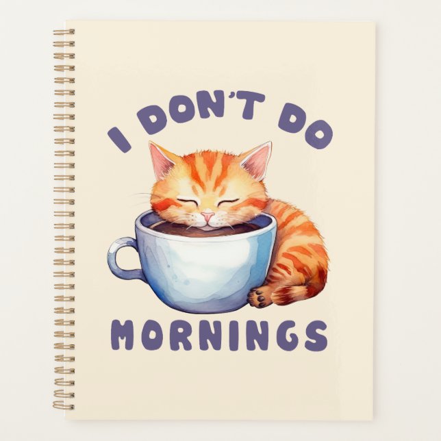 Agenda No hago mañanas - un gato Naranja con café. (Anverso)