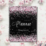 Agenda Nombramiento de nombre de purpurina color rosa neg<br><div class="desc">Fondo negro. Polvo purpurina falso rosado de Rubor. Personalice y agregue un año y un nombre. Letras blancas.</div>