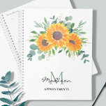 Agenda Nombramientos de Personalizados del Sunflower Euca<br><div class="desc">Este planificador floral está decorado con girasoles acuáticos,  eucaliptos y follaje en tonos amarillos,  verdes y dorados. Personalizable fácil con su nombre y monograma. Porque creamos nuestra obra de arte no encontrarás esta imagen exacta de otros diseñadores. Acuarela original © Michele Davies.</div>