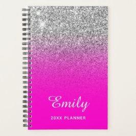 Agenda Nombre con Ombre de Glitter Plateado Rosa Neon