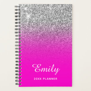 Agenda Nombre con Ombre de Glitter Plateado Rosa Neon