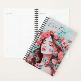 Agenda Nombre de arte pop retrato de niña con florales pa