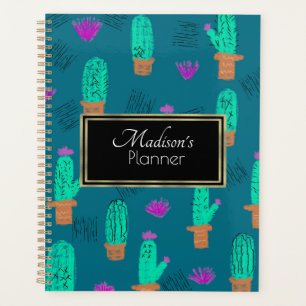 Agenda Nombre de Doodle de Cactus Personalizado Dorado