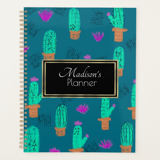 Agenda Nombre de Doodle de Cactus Personalizado Dorado (Anverso)