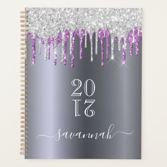 Agenda Nombre de goteo de purpurina morado plateado (Anverso)