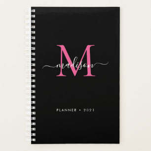 Agenda Nombre de guión de monograma negro magenta rosado