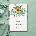 Agenda Nombre de guión verde del eucalipto del girasol 20<br><div class="desc">Un fondo blanco. Decorada con girasoles,  vegetación eucaliptus. Añadir un nombre,  texto. El nombre está escrito con un guión moderno de estilo con letras a mano con toques. Para que los cambios sólo eliminen el nombre del ejemplo,  deje los espacios o la emoji delante y después del nombre.</div>