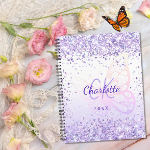 Agenda Nombre de mariposa violeta purpurina monogramado 2