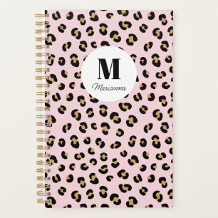 Agenda Nombre de monograma con estampado de leopardo rosa