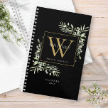 Agenda Nombre de monograma de color de agua verde moderno<br><div class="desc">Moderna y elegante planta de color negro y dorado de color de agua en monograma con un primer monograma dorado. Diseñado por Thisisnotme©</div>
