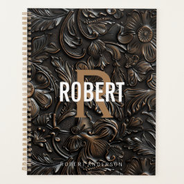 Agenda Nombre de monograma de cuero labrado marrón oscuro