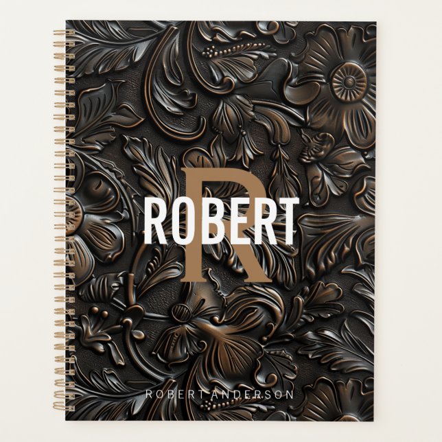 Agenda Nombre de monograma de cuero labrado marrón oscuro (Anverso)