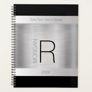 Agenda Nombre de monograma DIY, texto gris negro, plata e