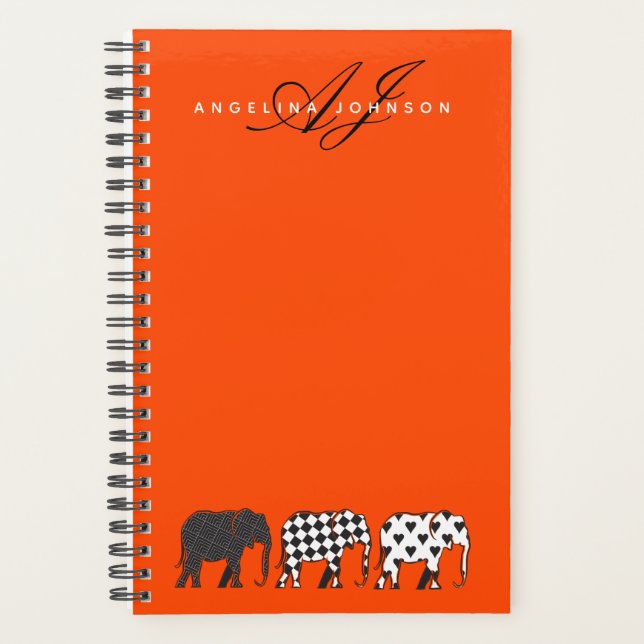 Agenda Nombre de monograma Elephant Black White y Naranja (Anverso)
