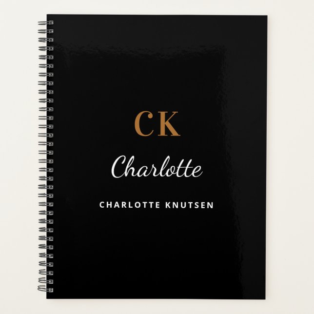 Agenda Nombre del monograma blanco negro de oro (Anverso)