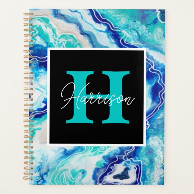 Agenda Nombre del Monograma de Mármol Azul y Turquesa (Anverso)