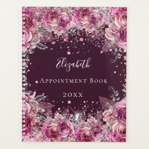 Agenda Nombre del purpurina floral de color burdeos rosa