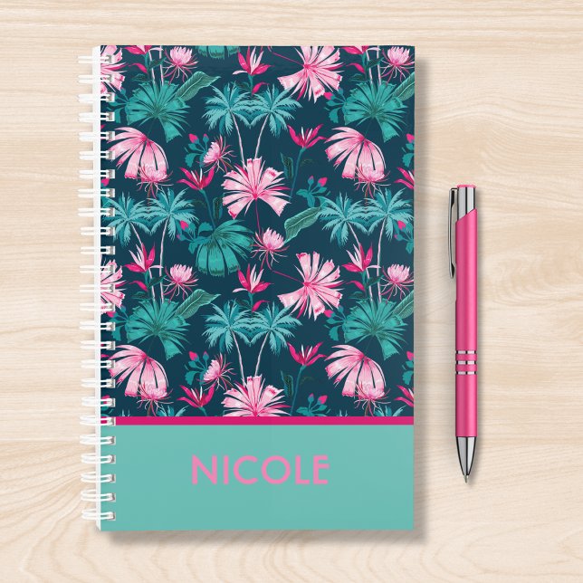 Agenda Nombre personal Verde azulado rosa floral tropical (Subido por el creador)