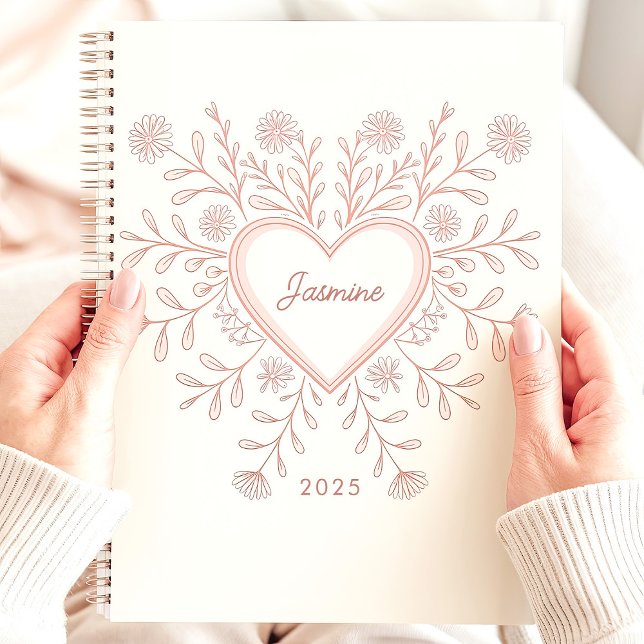 Agenda Nombre personalizado Corazón floral rosa 2025 (Subido por el creador)