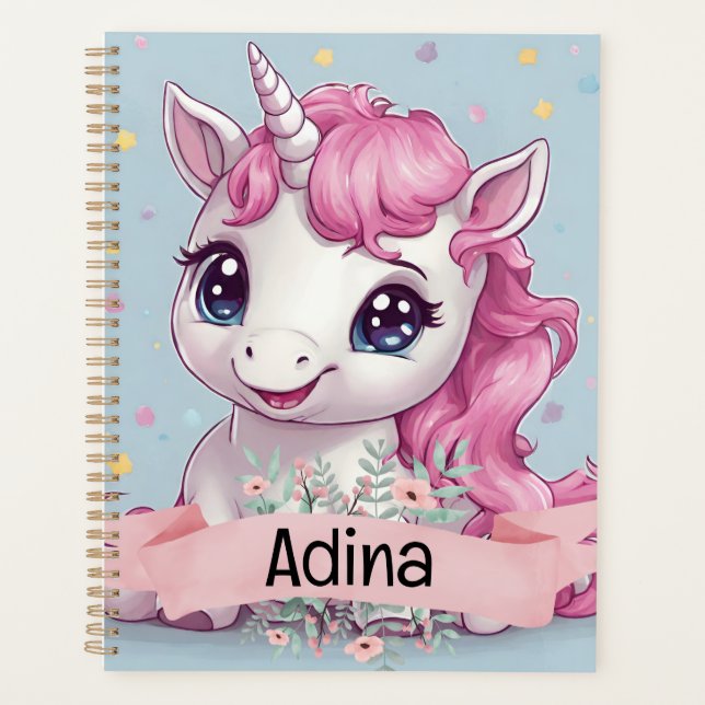 Agenda Nombre personalizado de Unicornio, bebé rosa mágic (Anverso)