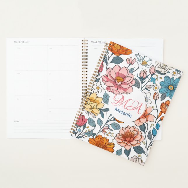 Agenda Nombre personalizado del patrón floral de monogram (Demostración)