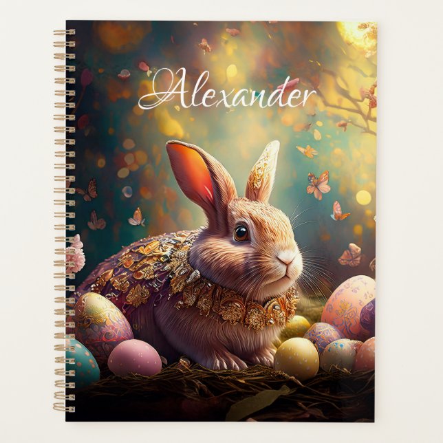 Agenda Nombre personalizado Feliz conejo de Pascua con hu (Anverso)