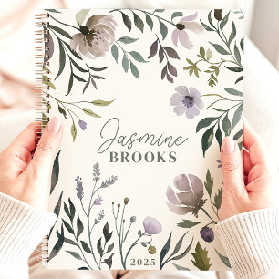 Agenda Nombre personalizado Floral de acuarela silenciada