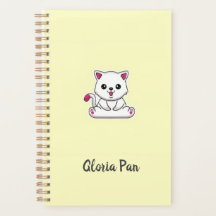 Agenda Nombre personalizado gato blanco lindo en amarillo