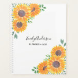 Agenda Nombre personalizado Girasol amarillo<br><div class="desc">¡Los girasoles traen alegría!
Este Planner de bonito está decorado con girasol acuático y follaje verde sobre un fondo blanco.
Puede personalizarlo agregando su nombre y cambiando el año.
Acuarela original © Michele Davies.</div>