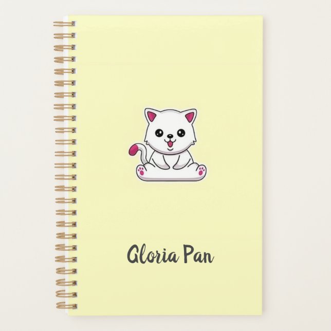 Agenda Nombre personalizado lindo gato blanco en amarillo (Anverso)