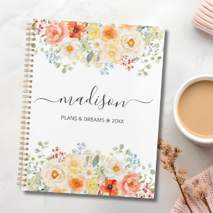 Agenda Nombre Personalizado Monograma Acuarela Floral Sol