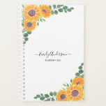 Agenda Nombre personalizado Sunflowers Eucalyptus 2023 Pl<br><div class="desc">Este Planner floral está decorado con girasoles de color amarillo acuático y vegetación eucaliptica.
Puede personalizarlo agregando su nombre,  monograma y año.
Porque creamos nuestra propia obra de arte no encontrarás esta imagen exacta de otros diseñadores.
Acuarela original © Michele Davies.</div>