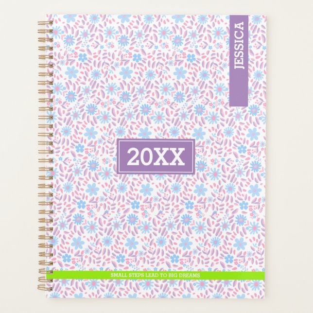 Agenda Nombre personalizado y monograma morado floral (Anverso)