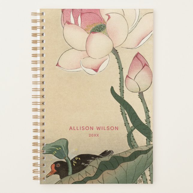 Agenda Ohara Koson, galino japonés con flor Lotus (Anverso)