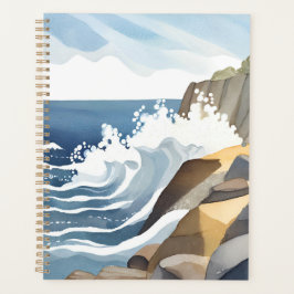 Agenda Olas que rompen | Aquarela de costa rocosa