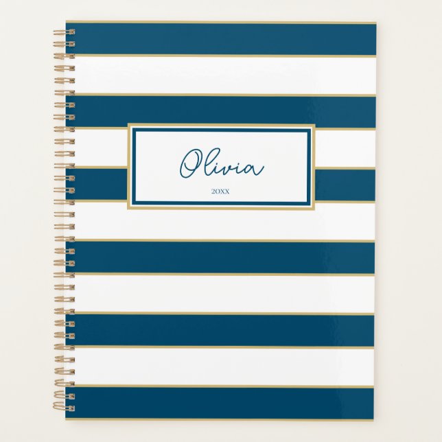Agenda Olivia Stripes Planner en Océano y Blanco (Anverso)