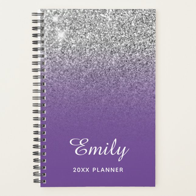 Agenda Ombre Purpurina de plata morada personalizado (Anverso)