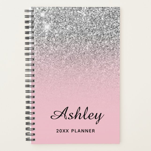 Agenda Ombre Purpurina de plata rosa pastel personalizado (Anverso)