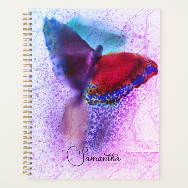 Agenda Ombre Rosa y Mariposa Morada Foto Monogramada (Anverso)