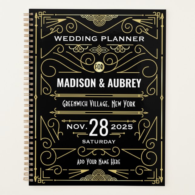 Agenda Oro Art Deco Negro de los años 1920 Elegante Boda  (Anverso)