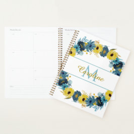 Agenda Oro Azul Otoño Floral Wreath Monograma