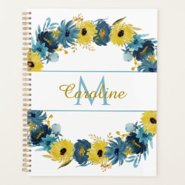 Agenda Oro Azul Otoño Floral Wreath Monograma