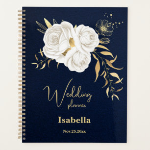 Agenda oro blanco floral azul marino boda