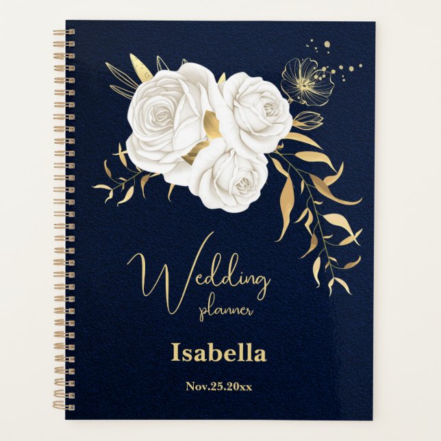 Agenda oro blanco floral azul marino boda (Anverso)