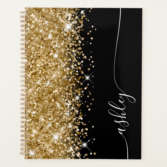 Agenda Oro Brillante Glam Negro y Blanco Elegante Script (Anverso)