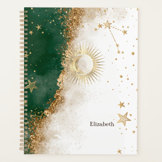 Agenda Oro Celestial Sol Y Luna Estrellas Verde (Anverso)