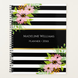 Agenda Oro floral rosado blanco negro rayado 2026